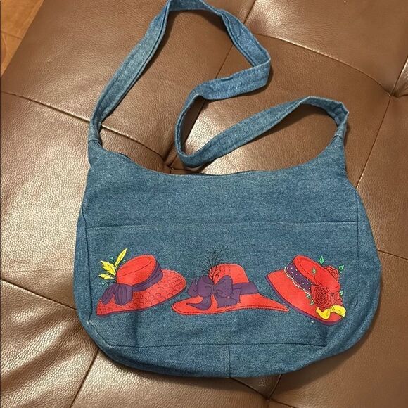 Vintage Red Hat Society Blue/ Red Denim Shoulder Bag Hand Painted Hats Bows - Picture 1 of 7